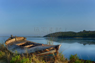 古老的,船,方向舵,舵,船体,拖捞船,沙洲,水,天空,骨折