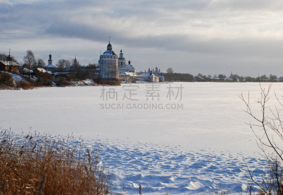 俄罗斯,冬天,修道院,北,水平画幅,墙,雪,无人,古老的
