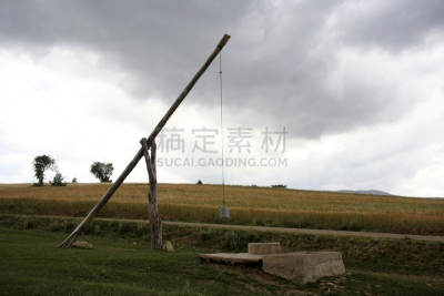 古典式,井,地下水,水,天空,衰老过程,古老的,夏天,石材,干的