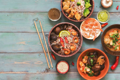 留白,乡村风格,鸡肉,概念,背景,虾,东方食品,蘑菇,糙米,视角