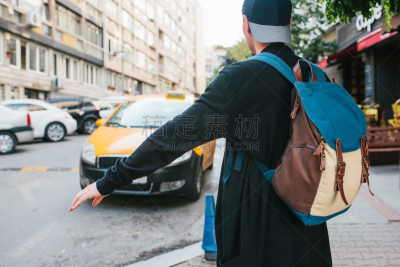 出租车,旅行者,男性,青年人,城市,等,背包,旅途,巨大的,旅行