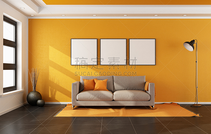 橙色,起居室,墙,极简构图,砖地,住宅内部,沙发,明亮,室内,住宅房间