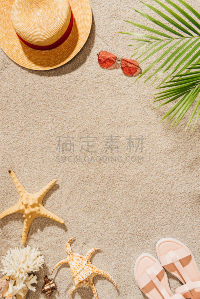 沙子,海滩,凉鞋,太阳镜,顶部,风景,帽子,高雅,个人随身用品,垂直画幅