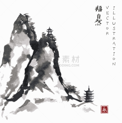 墨水,山,高处,动物手,烟灰墨,水墨画,亚洲,自然,请柬,符号