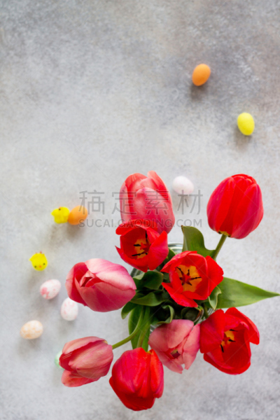复活节,郁金香,鸡蛋,概念,背景聚焦,混凝土,春天,留白,平铺,抽陀螺