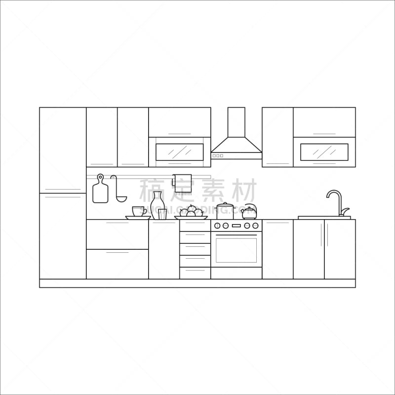 家具,成一排,厨房,细的,抽屉,线条画,冷却器,风帽,烤炉,办公室