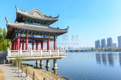 亭台楼阁,沈阳,辽宁省,中间部分,水,天空,公园,水平画幅,早晨,旅行者