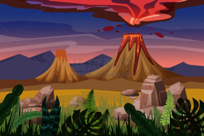 矢量,背景,绘画插图,卡通,火山,地形,石头,植物群,分离着色,爆发