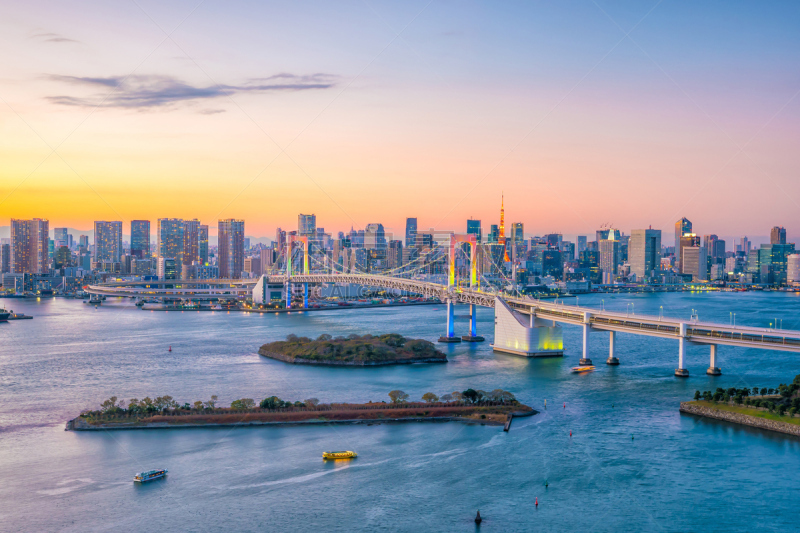 城市天际线,彩虹拱,东京塔,东京,办公室,水,天空,水平画幅,夜晚,无人