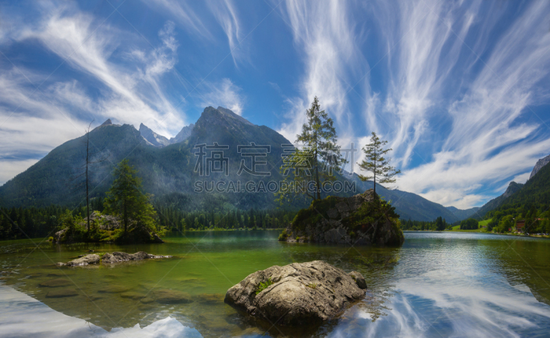 卡茨曼山和卡尔特高地,lake hintersee,动物群,水,天空,国家公园,水平画幅,无人,户外,湖