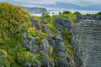 新西兰,薄饼岩,西港,格雷茅斯,punakaiki,呼吸孔,石灰石,水,天空,薄烤饼
