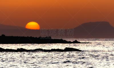 海洋,色彩鲜艳,水,天空,克里特岛,水平画幅,橙色,光效果,无人,全景