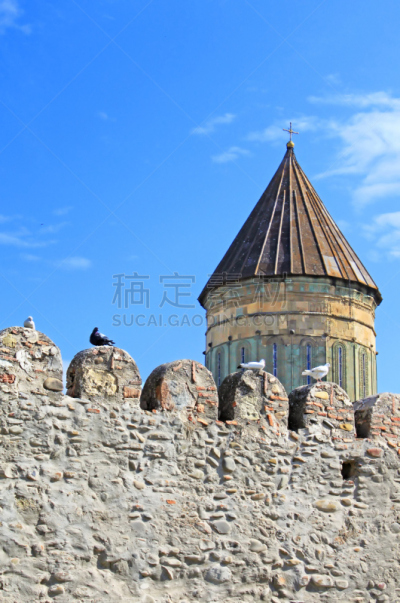 圆顶建筑,东正教,格鲁吉亚,垂直画幅,天空,美,外立面,墙