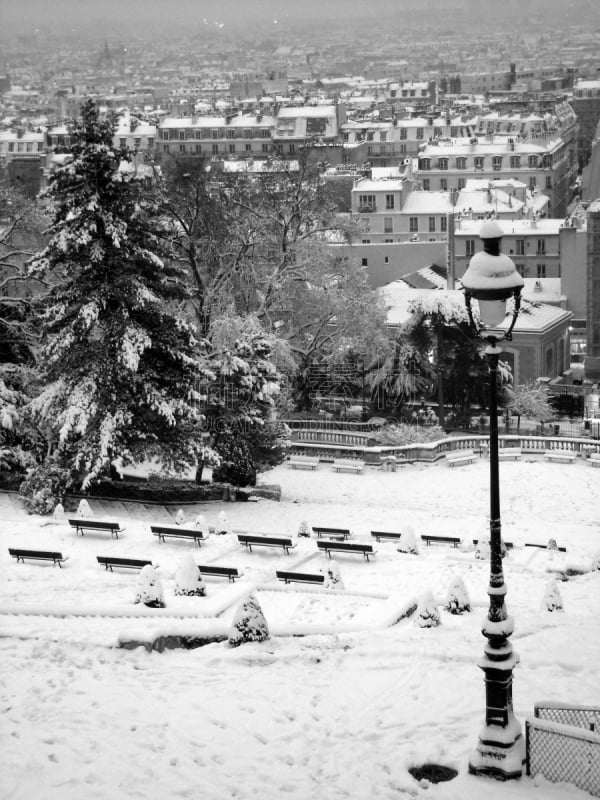 洛杉矶,路易斯米歇尔,地平线,垂直画幅,长椅,寒冷,雪,无人,建筑外部,单色调