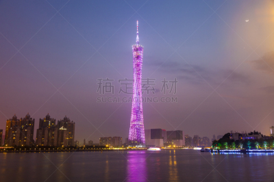 广州,塔,珀尔里福,水,天空,水平画幅,无人,月亮,户外,湖