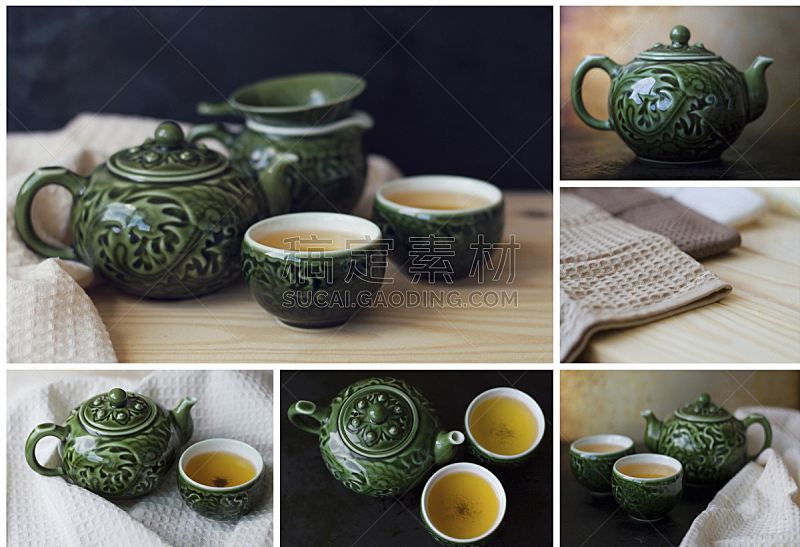 茶壶,传统,杯,绿色,上菜,中国茶,抽象拼贴画,陶瓷工艺品,餐巾,白俄罗斯