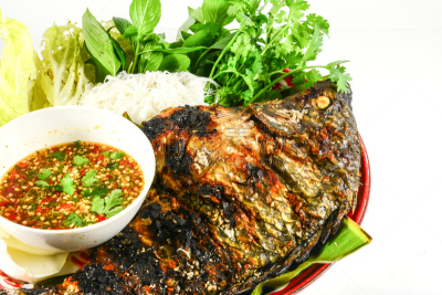 罗非鱼,格子烤肉,蔬菜,白色,热,淡水,清新,泰国食品,食品,泰国
