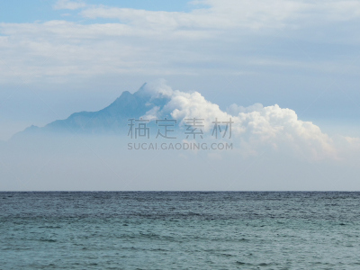 山,岛,海景,雾,远距离,高处,风土流程,哈尔基迪基市,水,天空