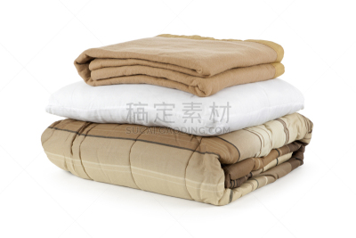枕头,羽绒被,床上用品,床单,折叠的,毯子,褐色,水平画幅,无人,白色背景