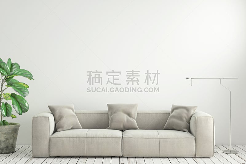 围墙,起居室,沙发,极简构图,室内,空白的,软垫,顶楼公寓,墙,茶几