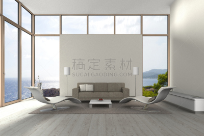 现代,海滩,起居室,水,留白,座位,硬木地板,法式门,地毯,灯
