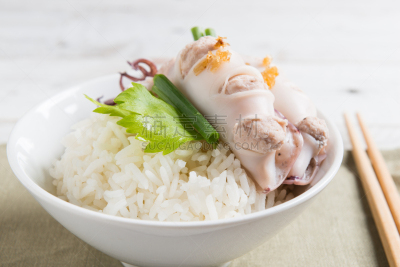 塞满了的,猪肉,鱿鱼,蒸菜,米,水平画幅,无人,开胃品,墨鱼,膳食