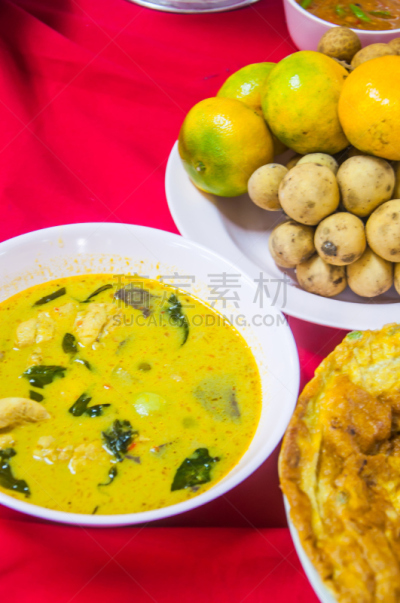 水果,蛋卷,美味,猪肉,泰式红咖喱,餐具,垂直画幅,咖喱,折叠的,无人