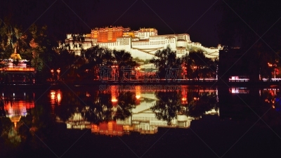 布达拉宫,夜晚,泛光照明,纪念碑,美,水平画幅,无人,夏天,户外,湖