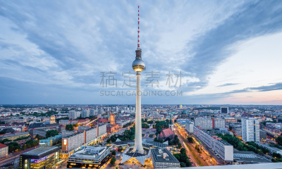 夜晚,无线电通信塔,城市天际线,柏林,德国,全景,亚历山大广场,天空,曙暮光