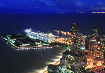 芝加哥市,水平画幅,夜晚,无人,曙暮光,户外,湖,北美,都市风景