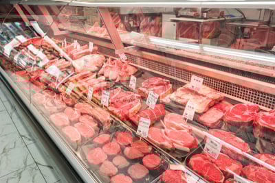 商店,冷藏货架,食品杂货,肉制品,饮食,零售展示,水平画幅,无人,衰老过程,超级市场