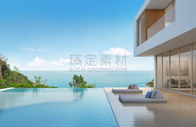 现代,游泳池,海滨别墅,水,天空,夏天,家具,沙发,建筑业,白色