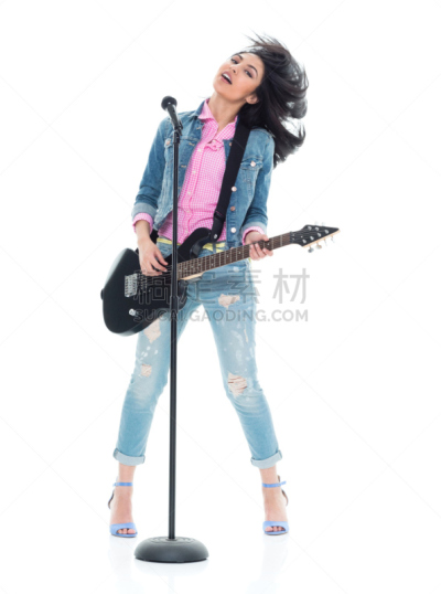 青年人,女人,电吉他,自然美,平衡折角灯,垂直画幅,青少年,歌手,黑发,高跟鞋