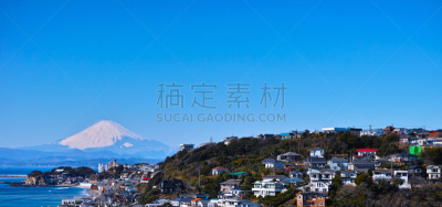 居住区,海滩,七里滨,相模湾,镰仓市,海岬,富士山,天空,水平画幅,山