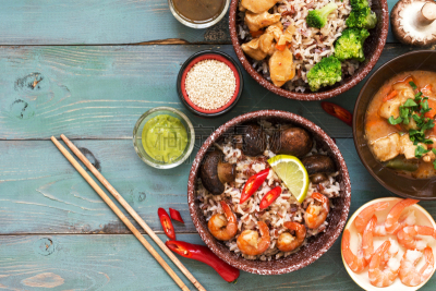 留白,乡村风格,鸡肉,米,木制,西兰花,背景,虾,东方食品,焖菜