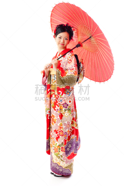 长袖和服,衣服,红色,亚洲,女人,白色背景,分离着色,注视镜头,垂直画幅,美