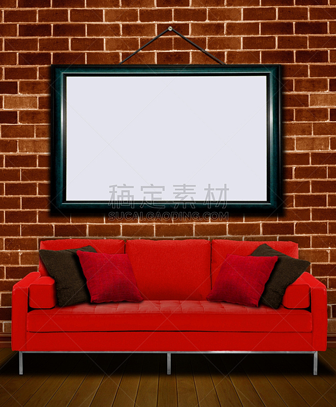 沙发,红色,相框,垂直画幅,长椅,座位,无人,砖墙,家具,舒服