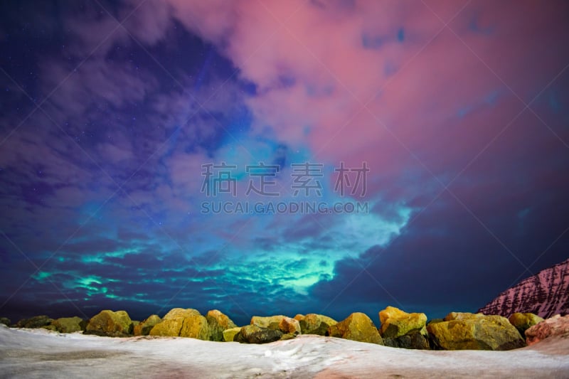 云,北极光,山,在上面,水,天空,西峡湾区,水平画幅,夜晚,雪