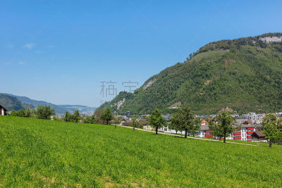 城镇,风景,春天,天空,水平画幅,山,无人,户外,草,瑞士阿尔卑斯山