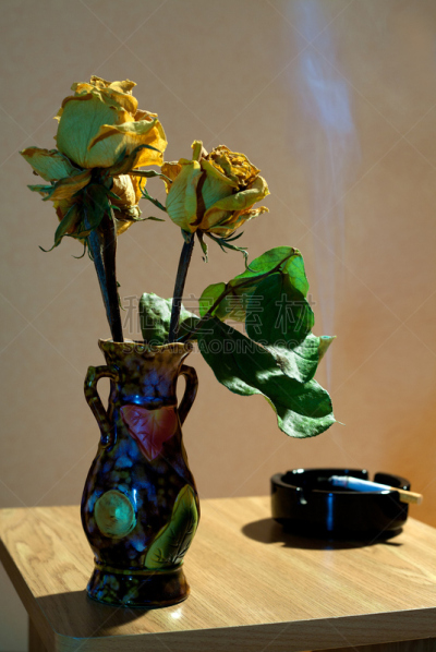 烟灰缸,香烟,玫瑰,黄色,干的,自然,垂直画幅,无人,时间,烟
