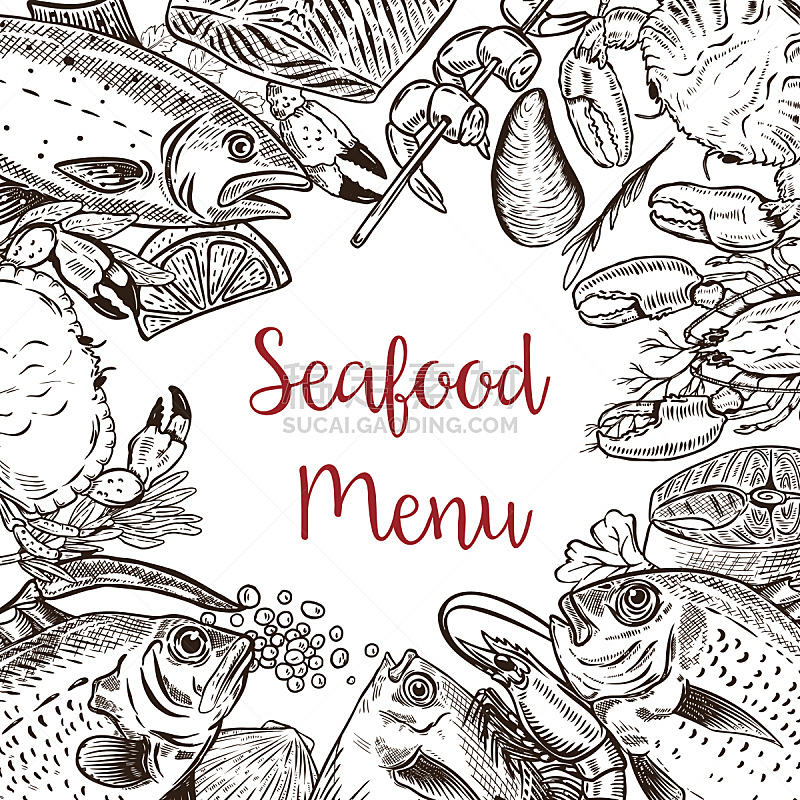 海产,龙虾,绘画插图,模板,螃蟹,清新,鱼类,菜单,矢量,香料