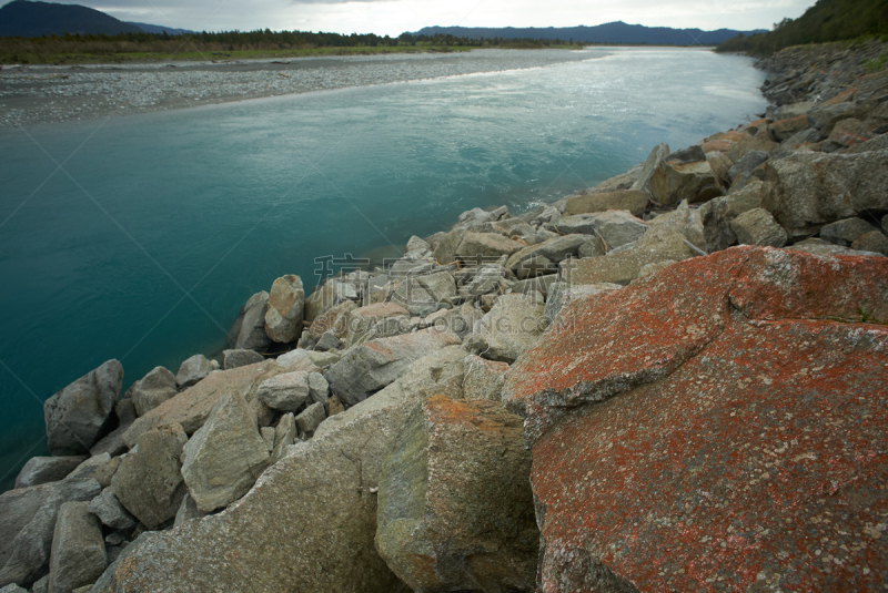 河流,新西兰,弗朗兹约瑟夫冰河,冰淇淋,水,水平画幅,无人,夏天,户外,地衣