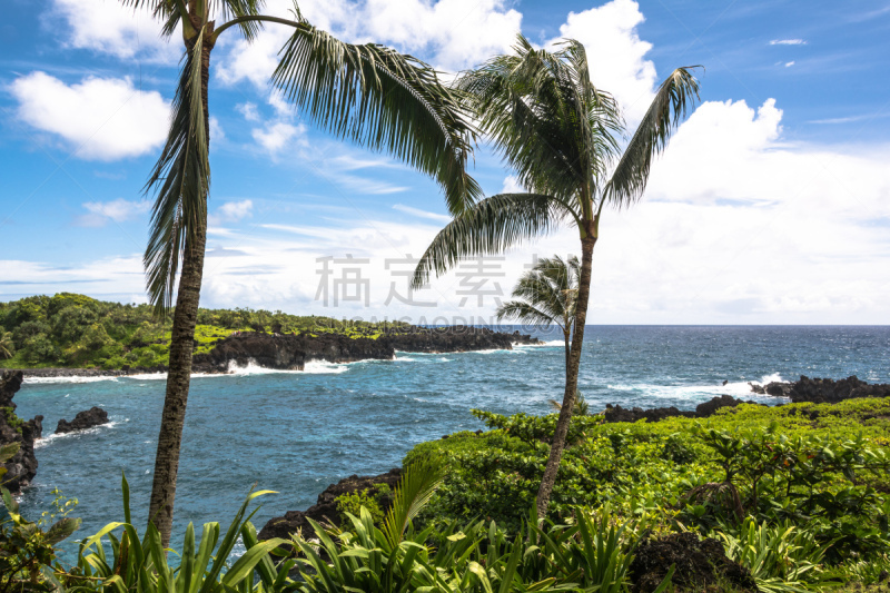 夏威夷,熔岩,毛伊岛,海岸线,瓦讷帕纳帕州立公园,黑沙,水,天空,水平画幅,无人