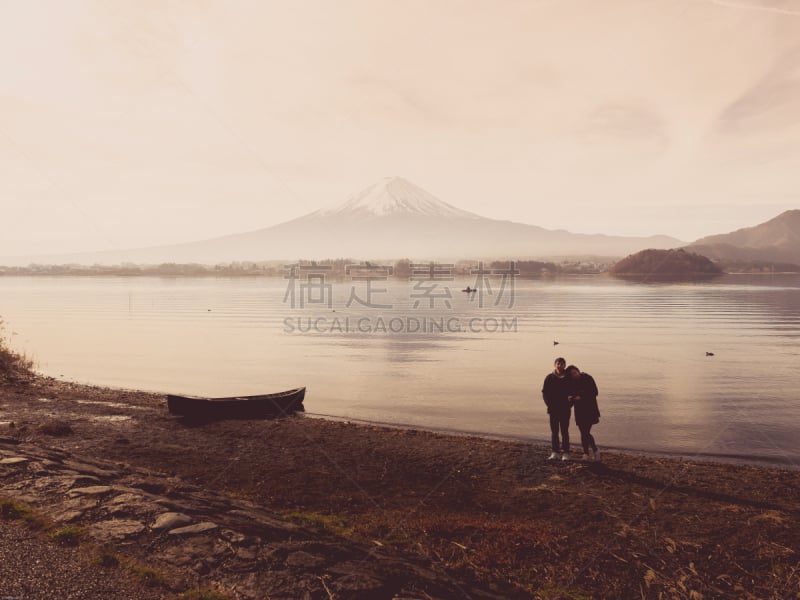 河口湖,富士山,早晨,伴侣,亚洲,背景,时间,看台,船,剪影