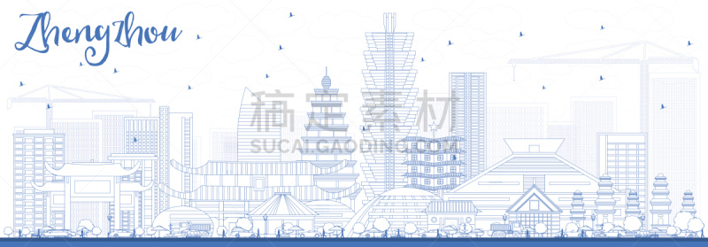 郑州,城市天际线,轮廓,建筑外部,蓝色,河南省,轮廓线画,商务,城市生活,云