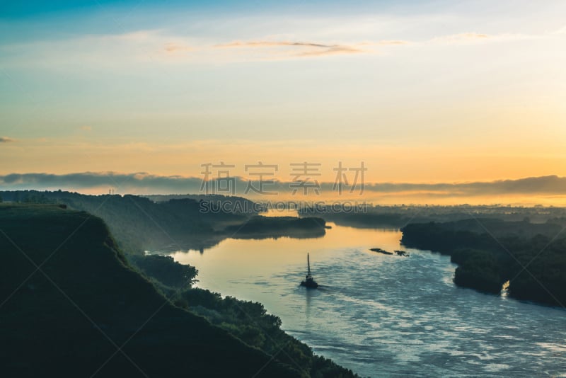 地形,宁静,背景,留白,拖拽,河岸,河流,起重机,驳船,船