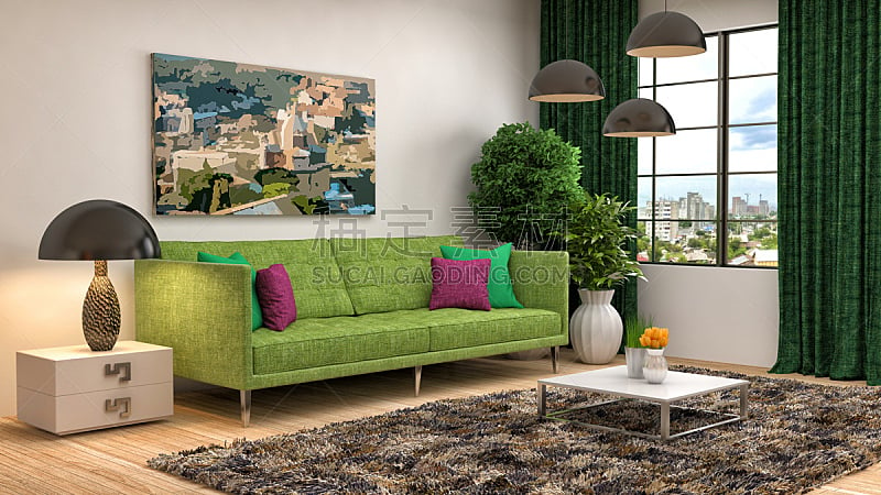 沙发,室内,绿色,三维图形,绘画插图,住宅房间,水平画幅,无人,装饰物,家具