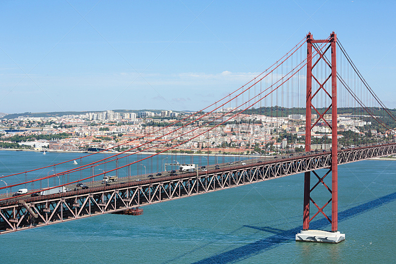 里斯本,葡萄牙,四月二十五日大桥,水,中心,水平画幅,高视角,城市天际线,吊桥,塔霍河