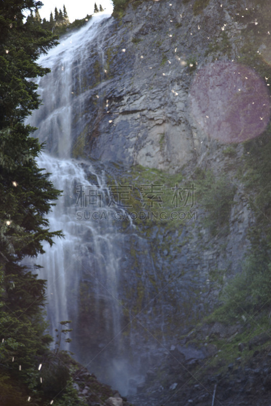 喷雾瀑布,雷尼尔雪山,湖,山赤莲,雨山国家公园,华盛顿州,湖岸,垂直画幅,水,美国