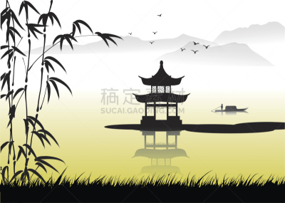 地形,绘画作品,亭台楼阁,美术工艺,草,船,中国,湖,河流,背景